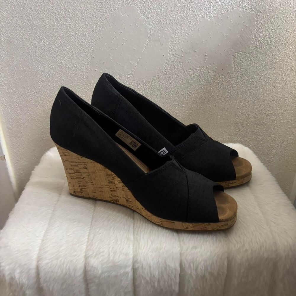 TOMS Classic Canvas Peep Toe Espadrille Wedge Sandals Women's Size 8.5 Black